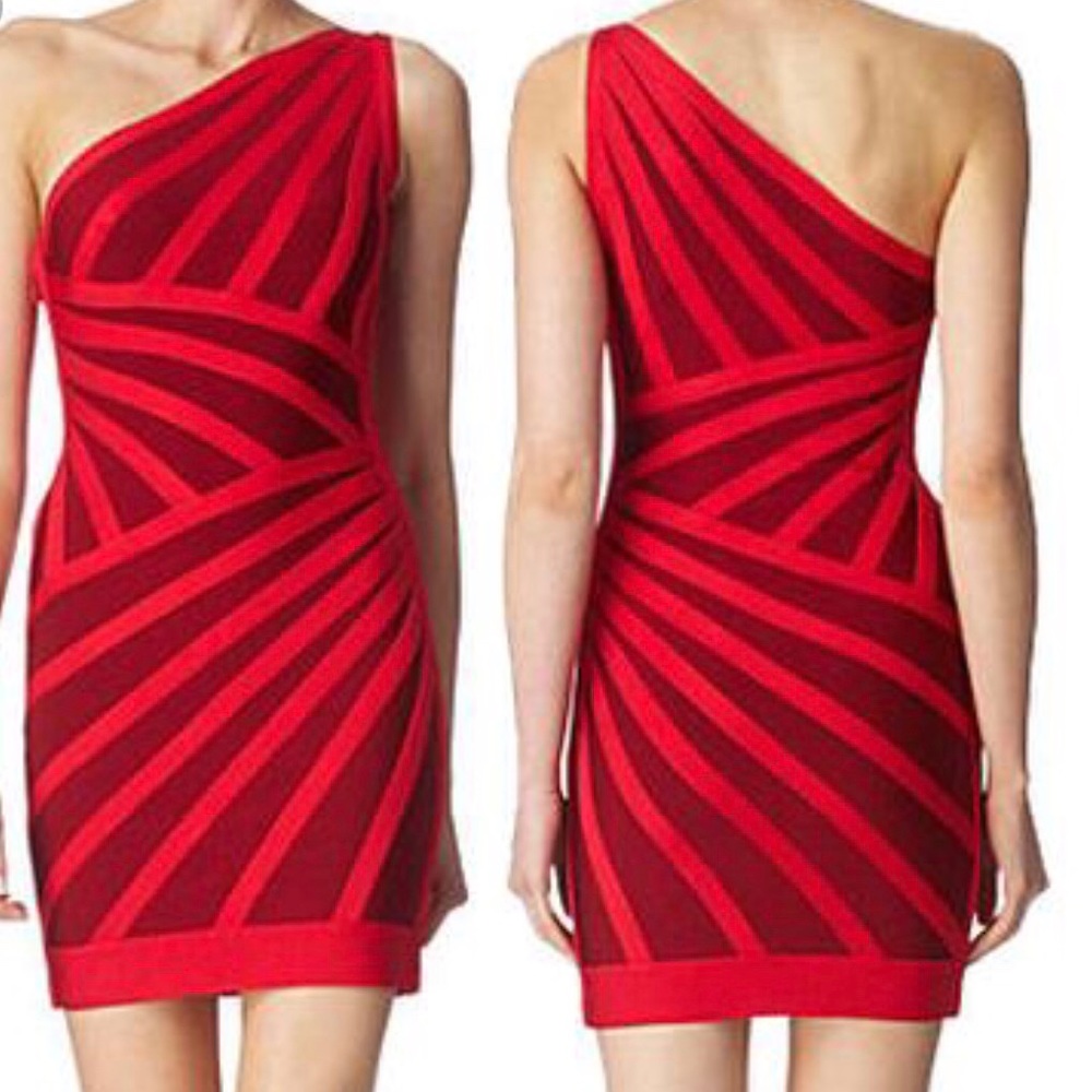 Herve Leger One Shoulder Red Carmela Dress Size XS